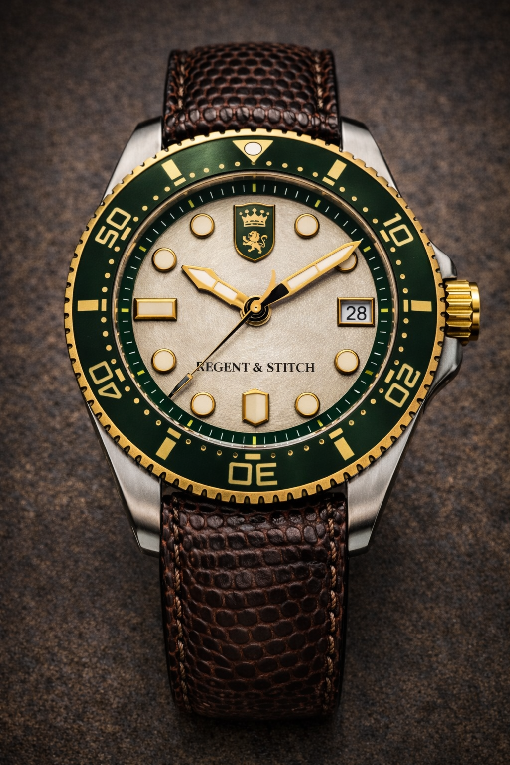 Watch with green dial and brown leather strap on a dark background