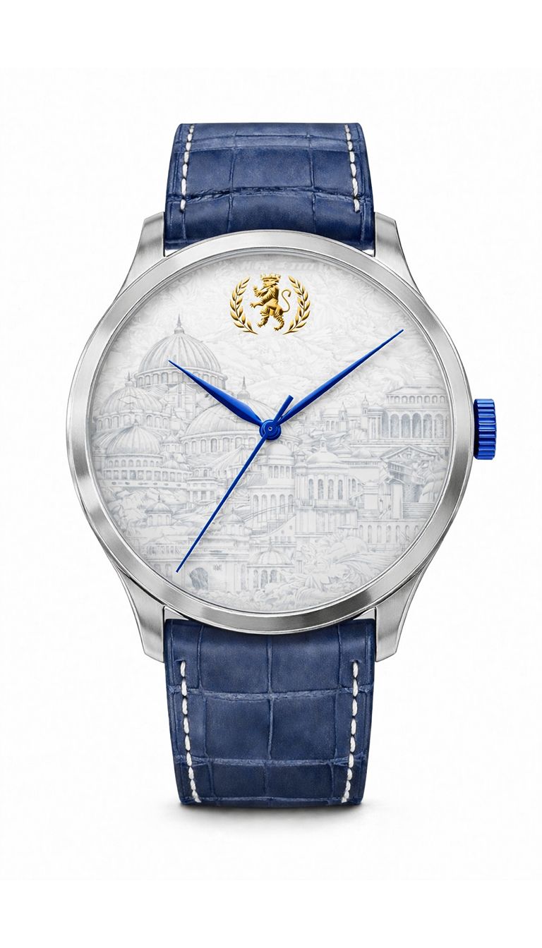Watch with blue strap and detailed face on a white background