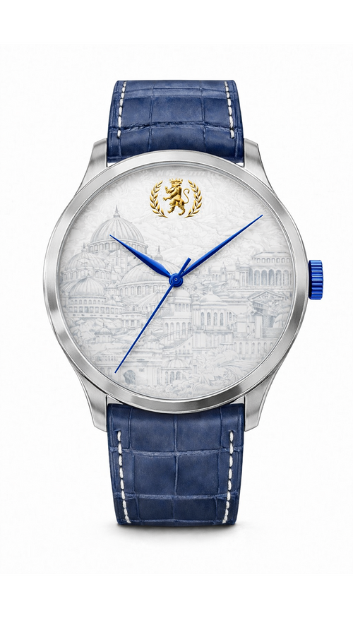 Watch with blue strap and detailed face on a white background