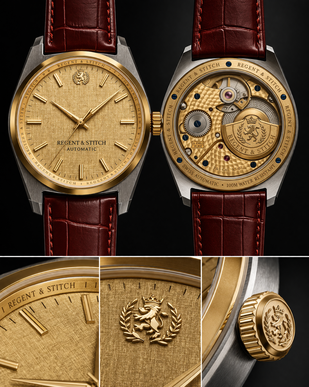 Regent Classic Automatic Watch with stainless steel case and black leather strap, featuring a round dial and silver hands.