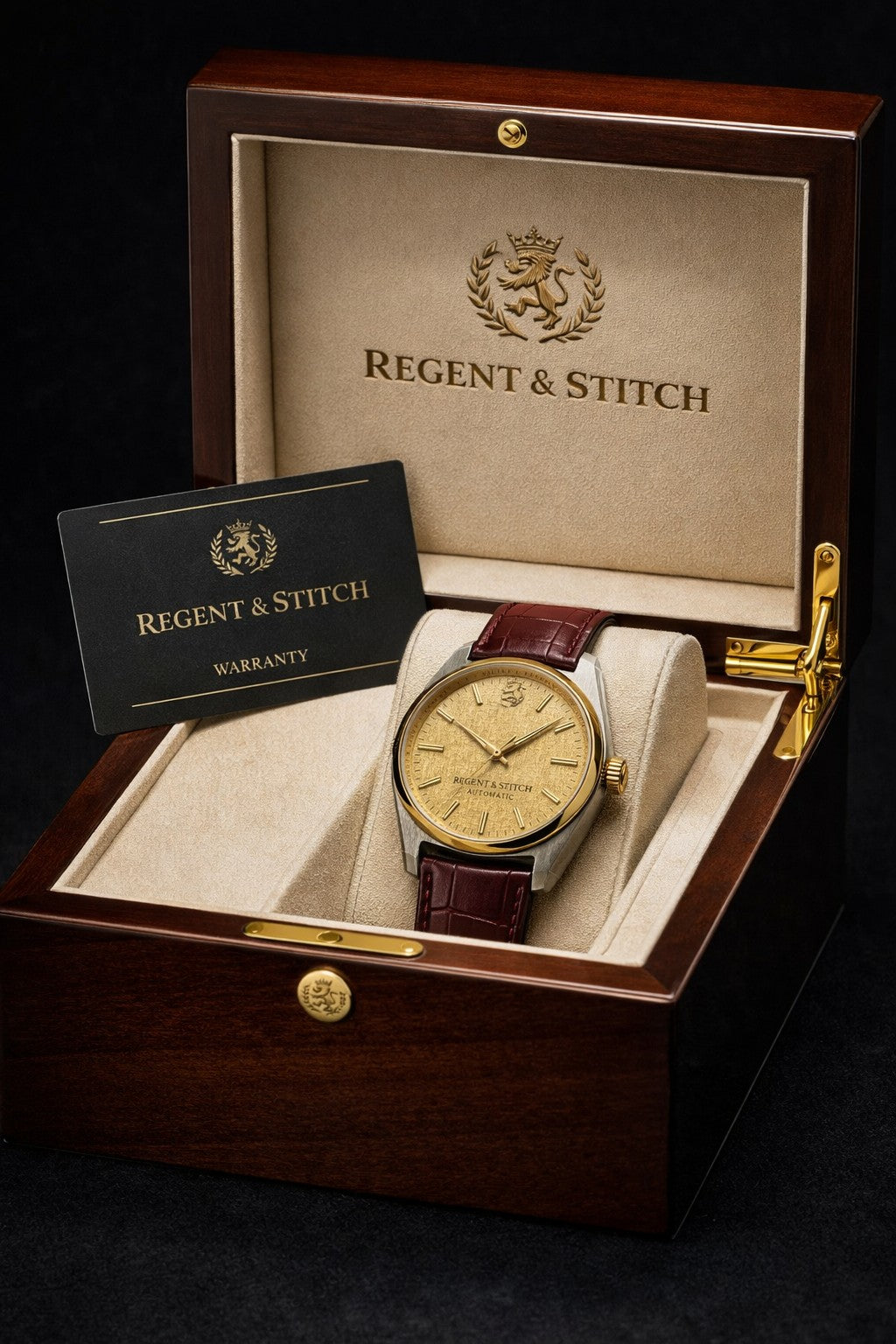 Regent & Stitch Regent Classic automatic watch with stainless steel case and black leather strap, showing the watch face with Roman numerals.
