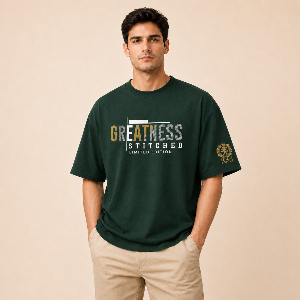 Dark green Regent & Stitch Greatness stitched limited edition T-shirt with detailed embroidered design on front.