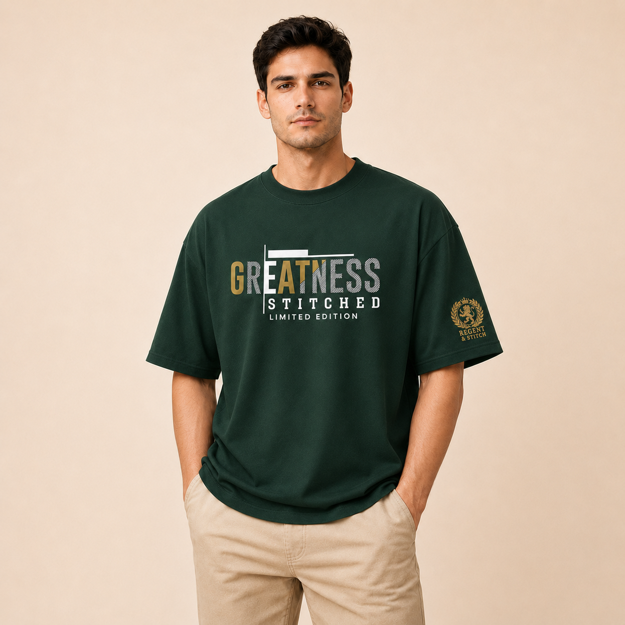 Dark green Regent & Stitch Greatness stitched limited edition T-shirt with detailed embroidered design on front.