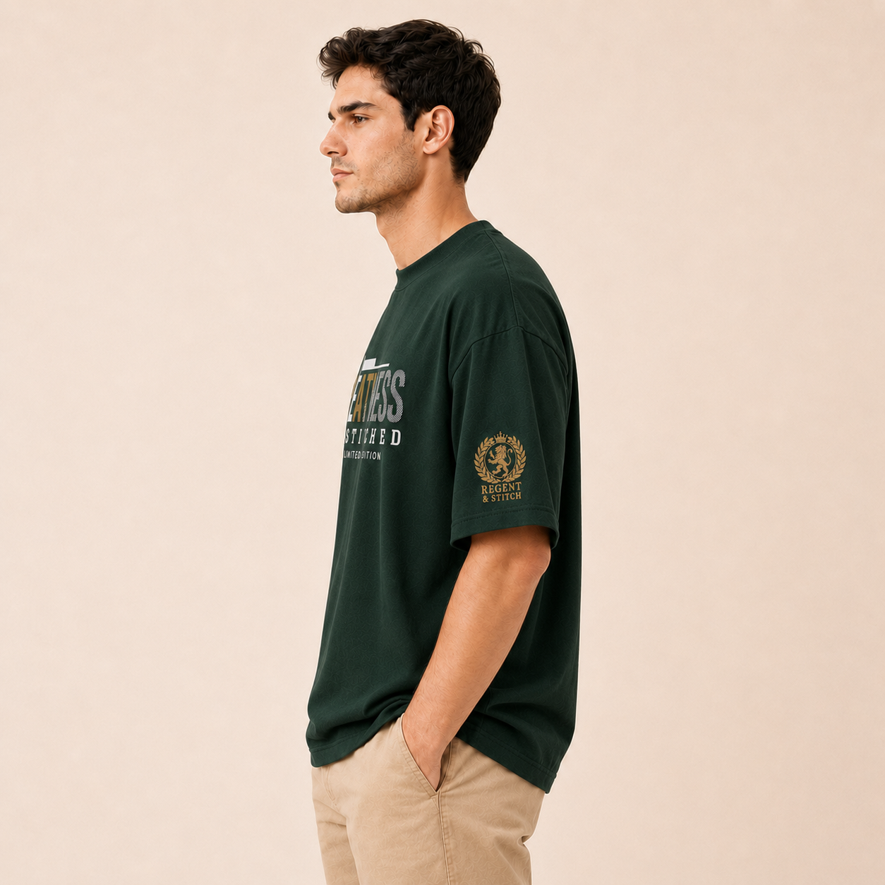 Dark green Regent & Stitch Greatness stitched limited edition T-Shirt with detailed embroidered design on the front.