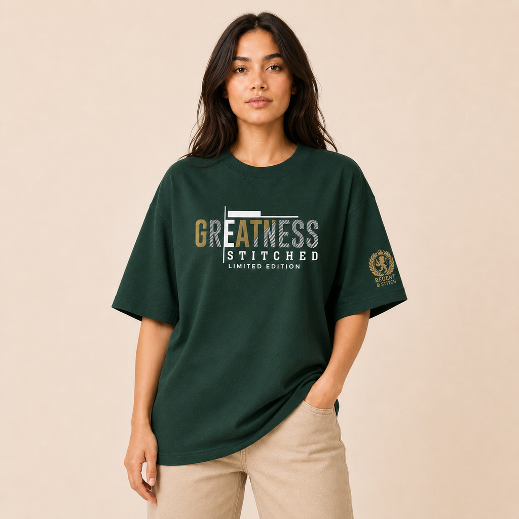 Dark green Regent & Stitch Greatness stitched limited edition T-shirt with embroidered design on front.