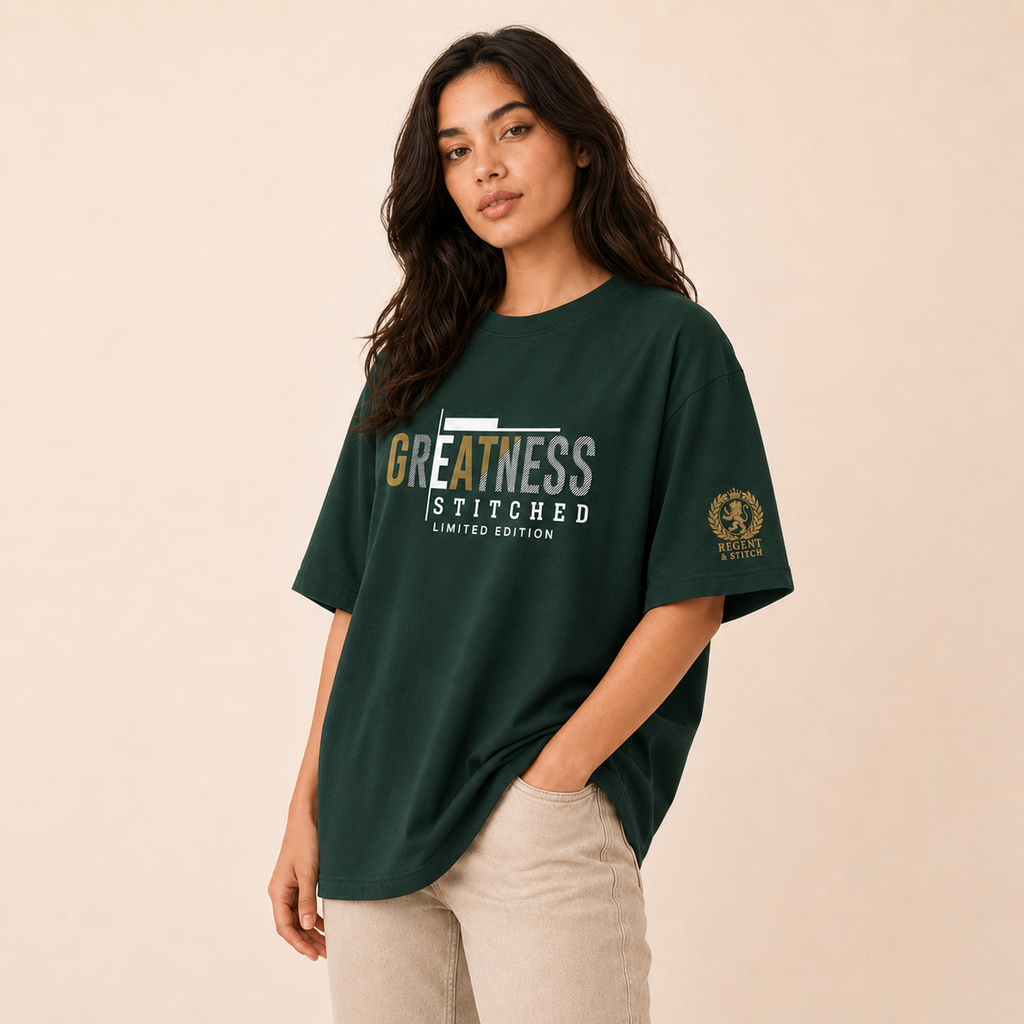 Dark green Regent & Stitch Greatness stitched limited edition T-shirt with embroidered design, casual and stylish.