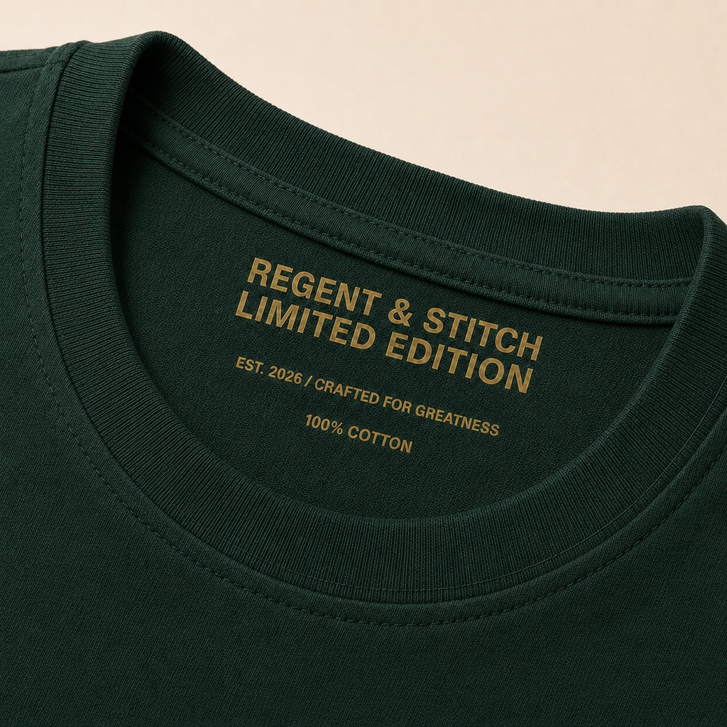 Dark green Regent & Stitch Greatness stitched limited edition T-shirt featuring a detailed embroidered design on the front.