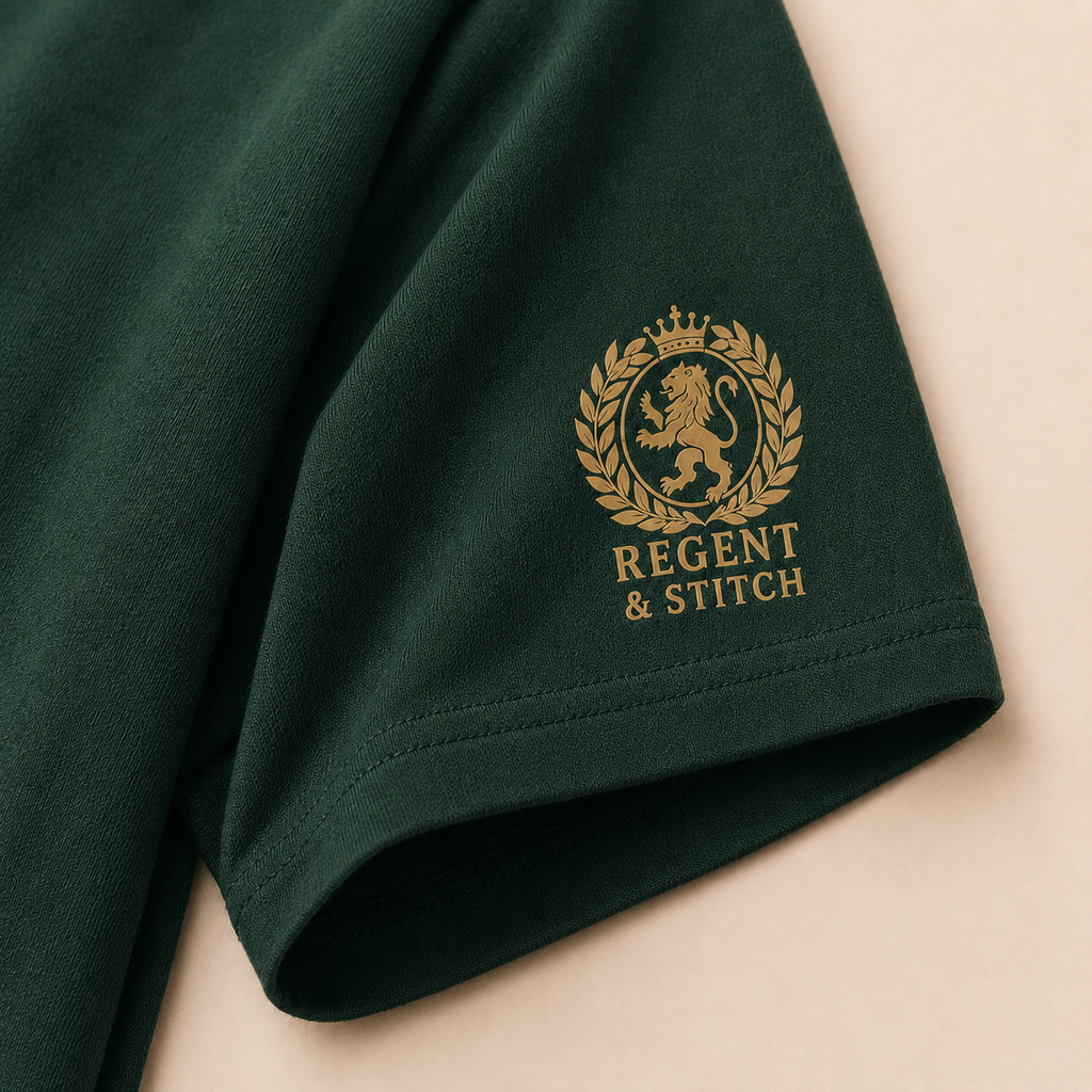 Dark green Regent & Stitch Greatness stitched limited edition T-shirt displayed flat with visible embroidered design and branding.