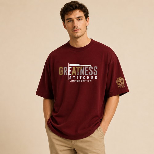 Red Regent & Stitch Greatness stitched limited edition T-shirt featuring a maple leaf design on the front.
