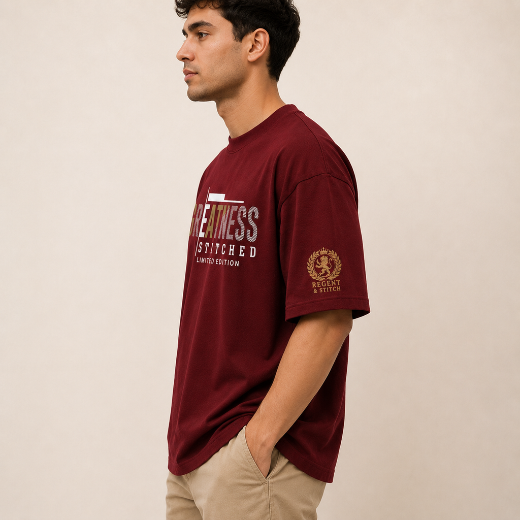 Red Regent & Stitch Greatness stitched limited edition T-shirt featuring a maple leaf design on front.