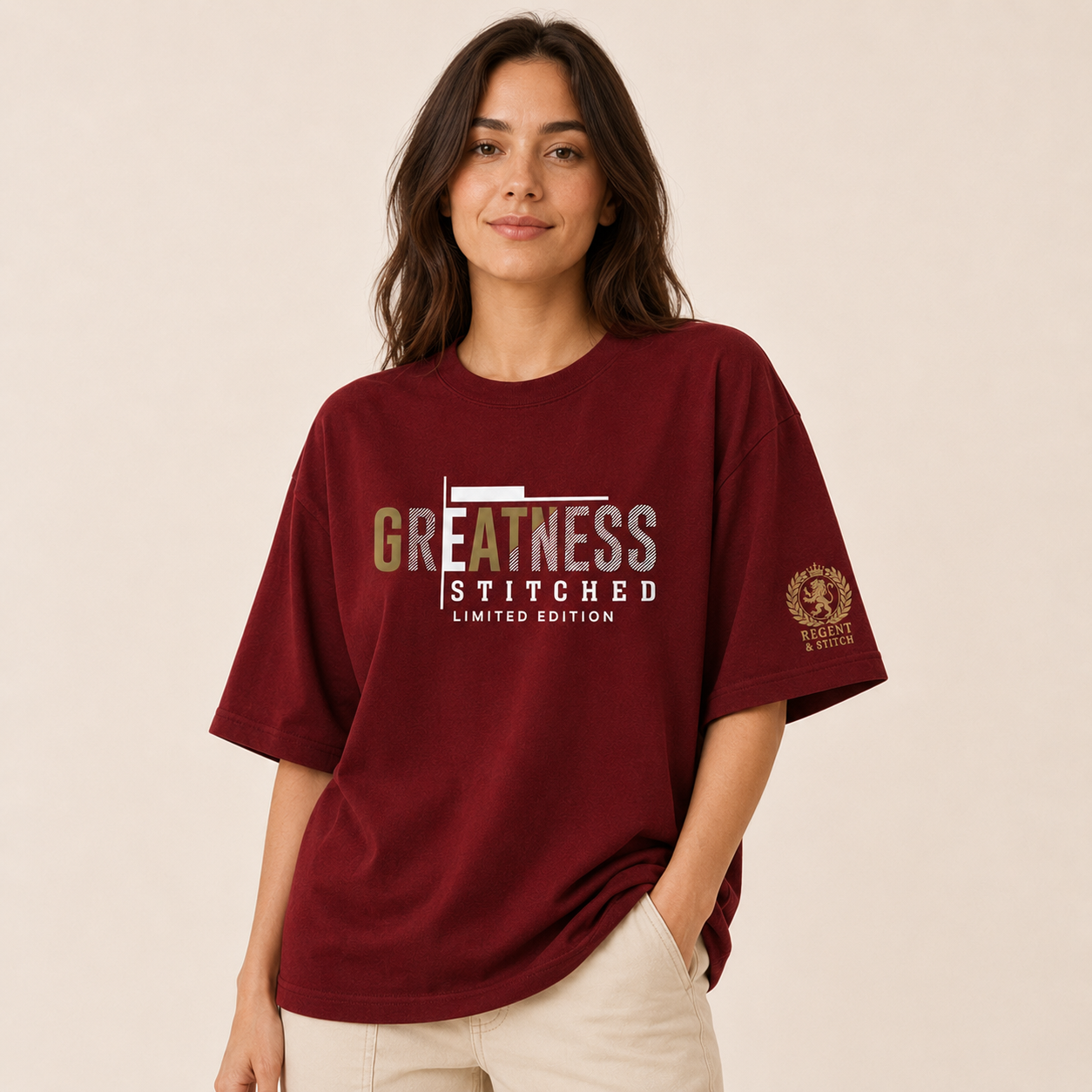 Red limited edition Regent & Stitch Greatness stitched T-shirt with maple leaf design on front, casual and stylish.