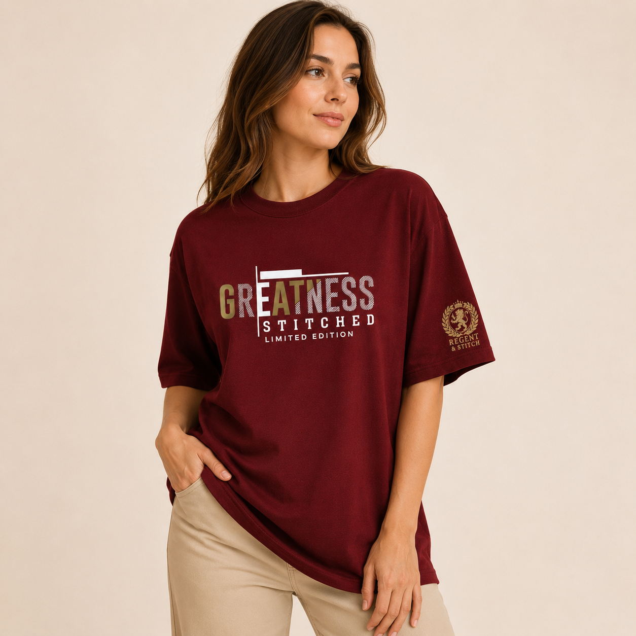 Red Regent & Stitch Greatness stitched limited edition T-shirt featuring a maple leaf design on the front.