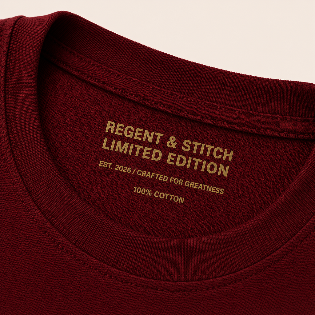 Red Regent & Stitch Greatness stitched limited edition T-shirt with maple leaf design, displayed flat on a white background.