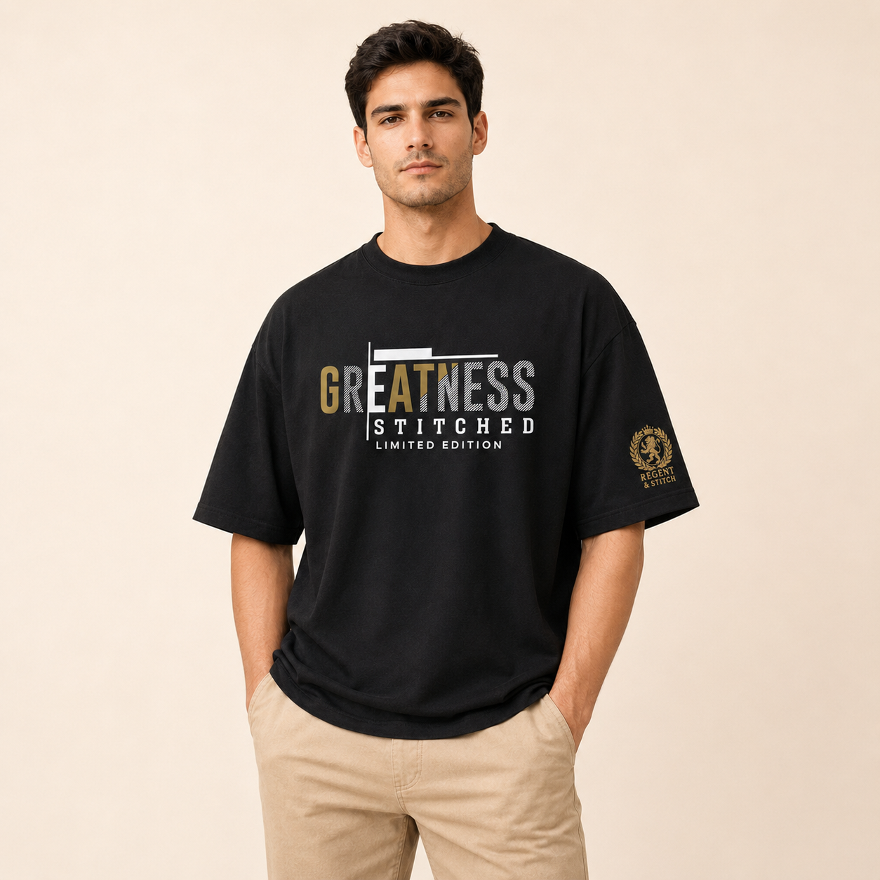 Black Regent & Stitch Greatness stitched limited edition T-shirt with embroidered design on front, casual and stylish.