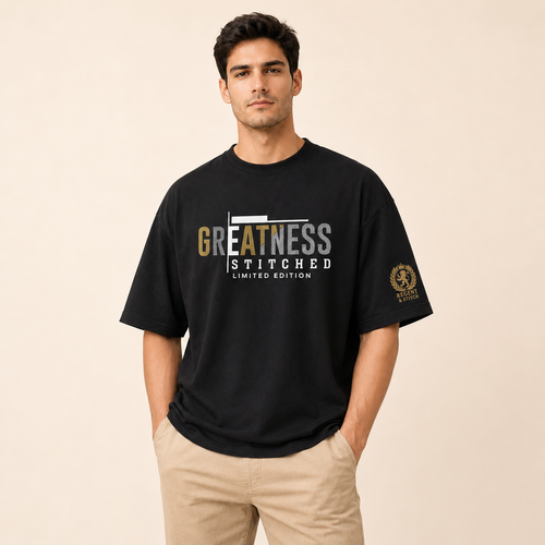Black Regent & Stitch Greatness stitched limited edition T-shirt with embroidered design on front, casual and stylish.