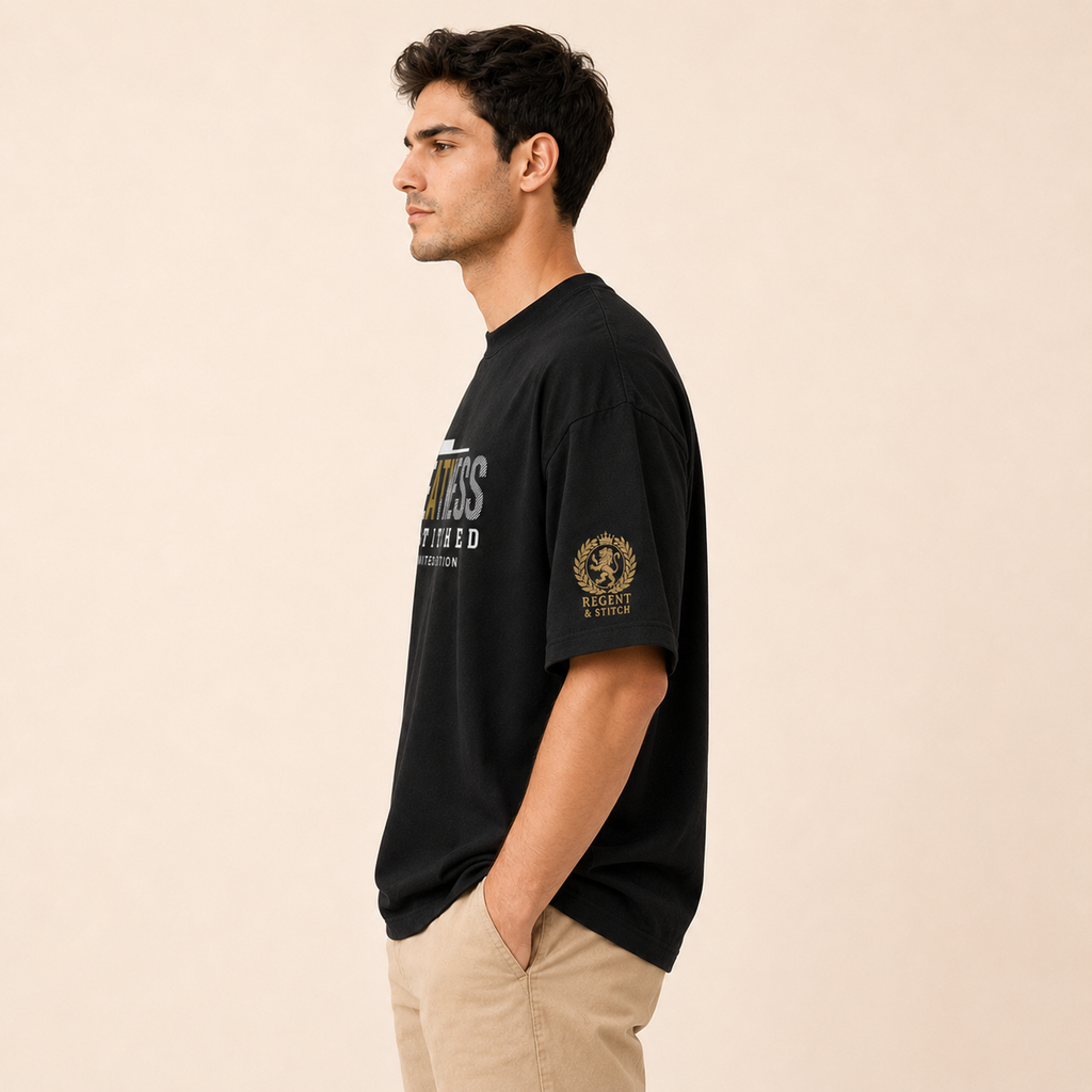 Black Regent & Stitch Greatness stitched limited edition T-shirt featuring detailed embroidered design on the front.