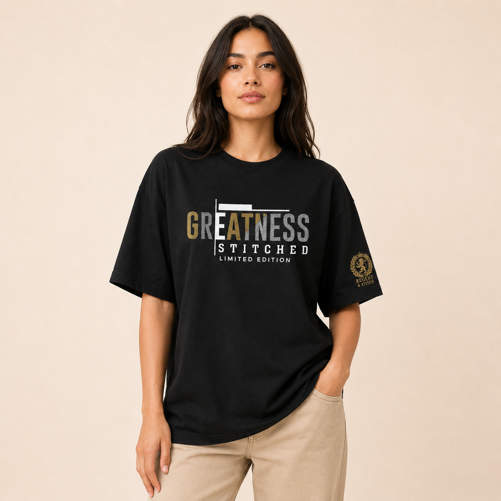 Black Regent & Stitch Greatness stitched limited edition T-shirt with embroidered logo on front.