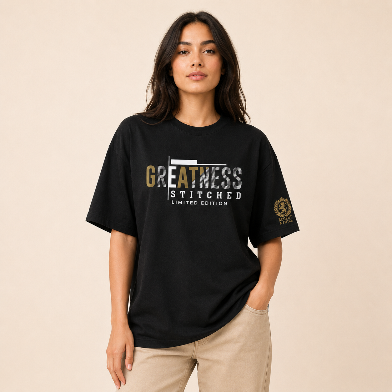 Black Regent & Stitch Greatness stitched limited edition T-shirt with embroidered logo on front.