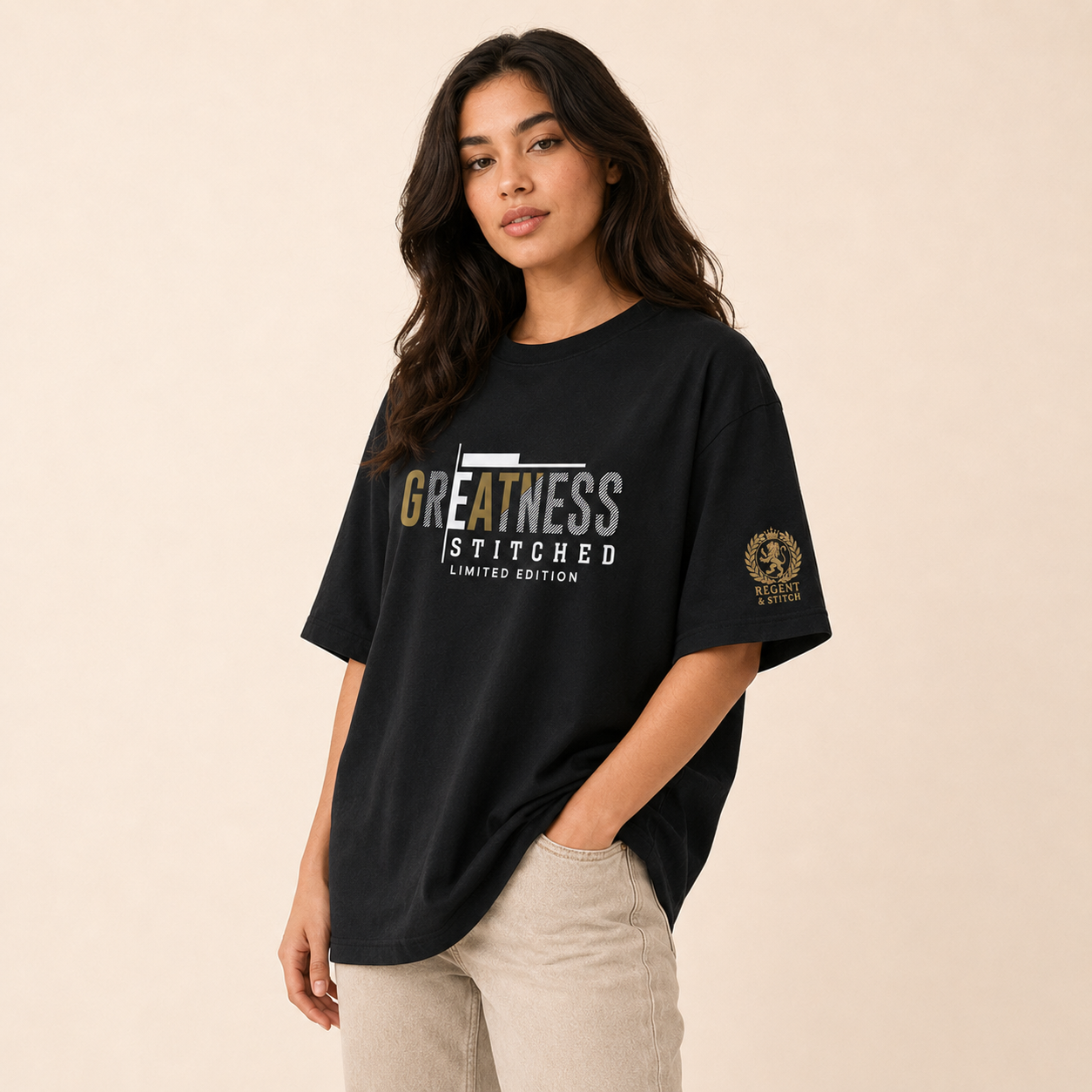 Black Regent & Stitch Greatness stitched limited edition T-shirt with detailed embroidered design on the front.