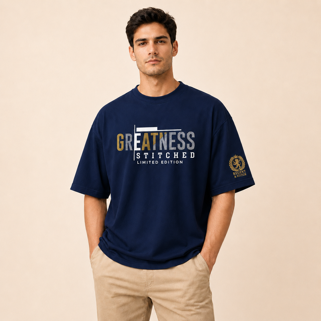 Navy blue Regent & Stitch Greatness stitched limited edition T-shirt with embroidered design on front.