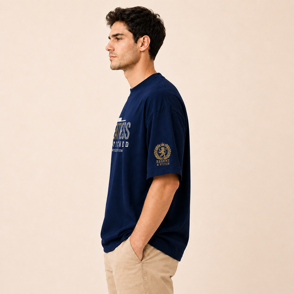 Navy blue Regent & Stitch Greatness stitched limited edition T-shirt with embroidered design on front.