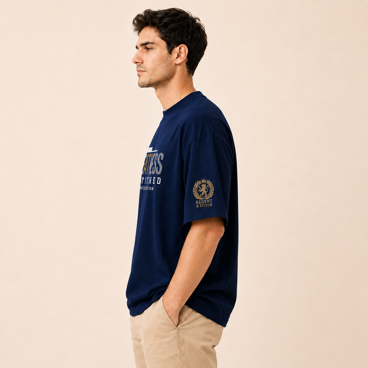 Navy blue Regent & Stitch Greatness stitched limited edition T-shirt with embroidered design on front.