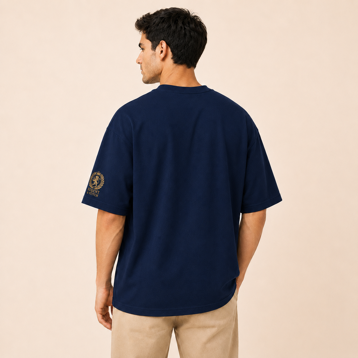 Navy blue Regent & Stitch Greatness stitched limited edition T-shirt with embroidered logo and detailed stitching on the front.
