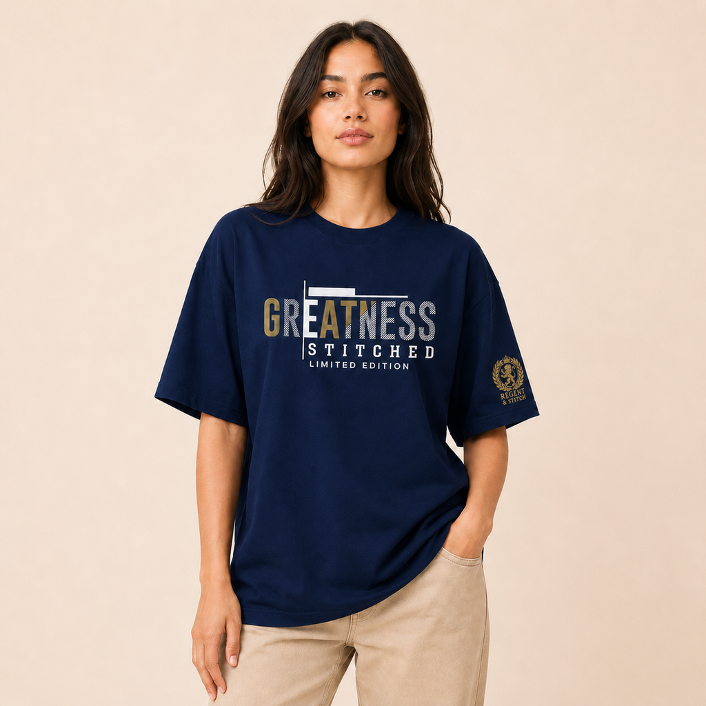 Navy blue Regent & Stitch Greatness stitched limited edition T-shirt with embroidered design and logo.