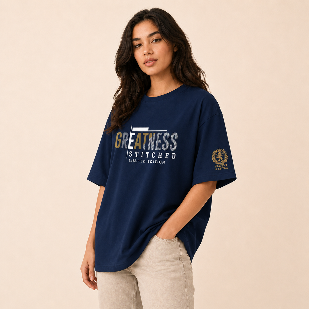 Navy blue Regent & Stitch Greatness stitched limited edition T-shirt with embroidered design on the front.