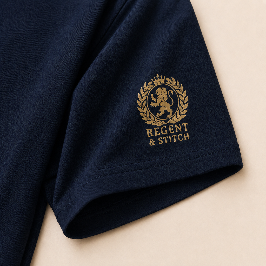 Navy blue Regent & Stitch Greatness stitched limited edition T-shirt with embroidered logo and classic crewneck design.