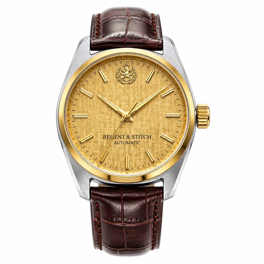 Regent & Stitch Classic Automatic Watch with black leather strap and silver case, showcasing elegant dial and visible mechanical movement.