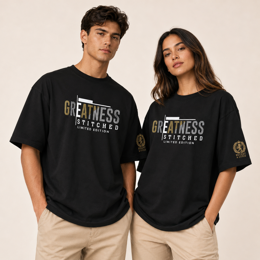 Black Regent & Stitch Greatness Stitched Limited Edition T-Shirt with detailed stitched design and branding on the front.