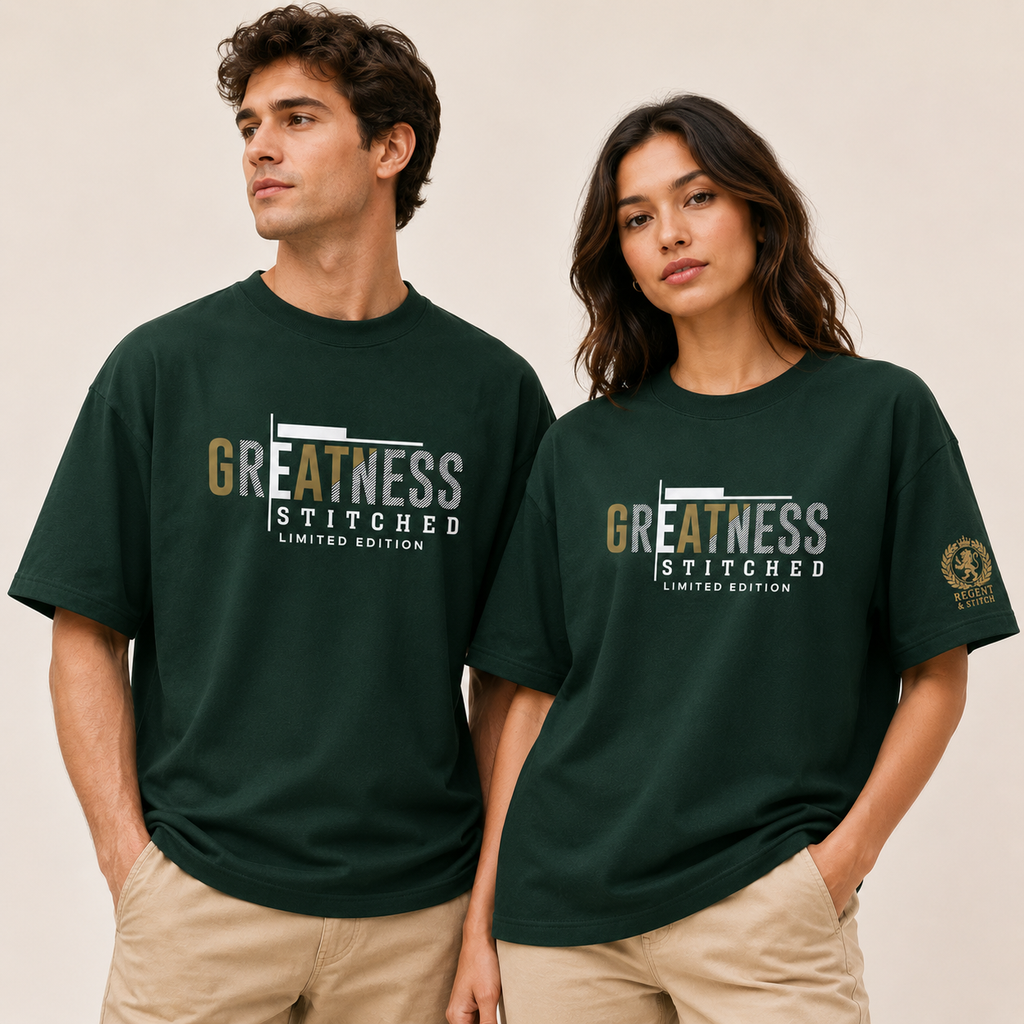 Dark green Regent & Stitch Greatness stitched limited edition T-shirt with embroidered design on front.