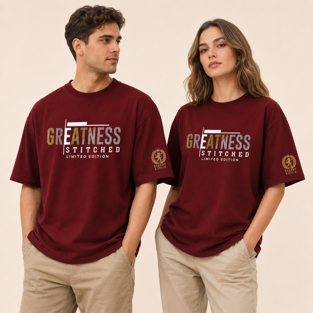 Red Regent & Stitch Greatness stitched limited edition T-shirt featuring a maple leaf design on the front.