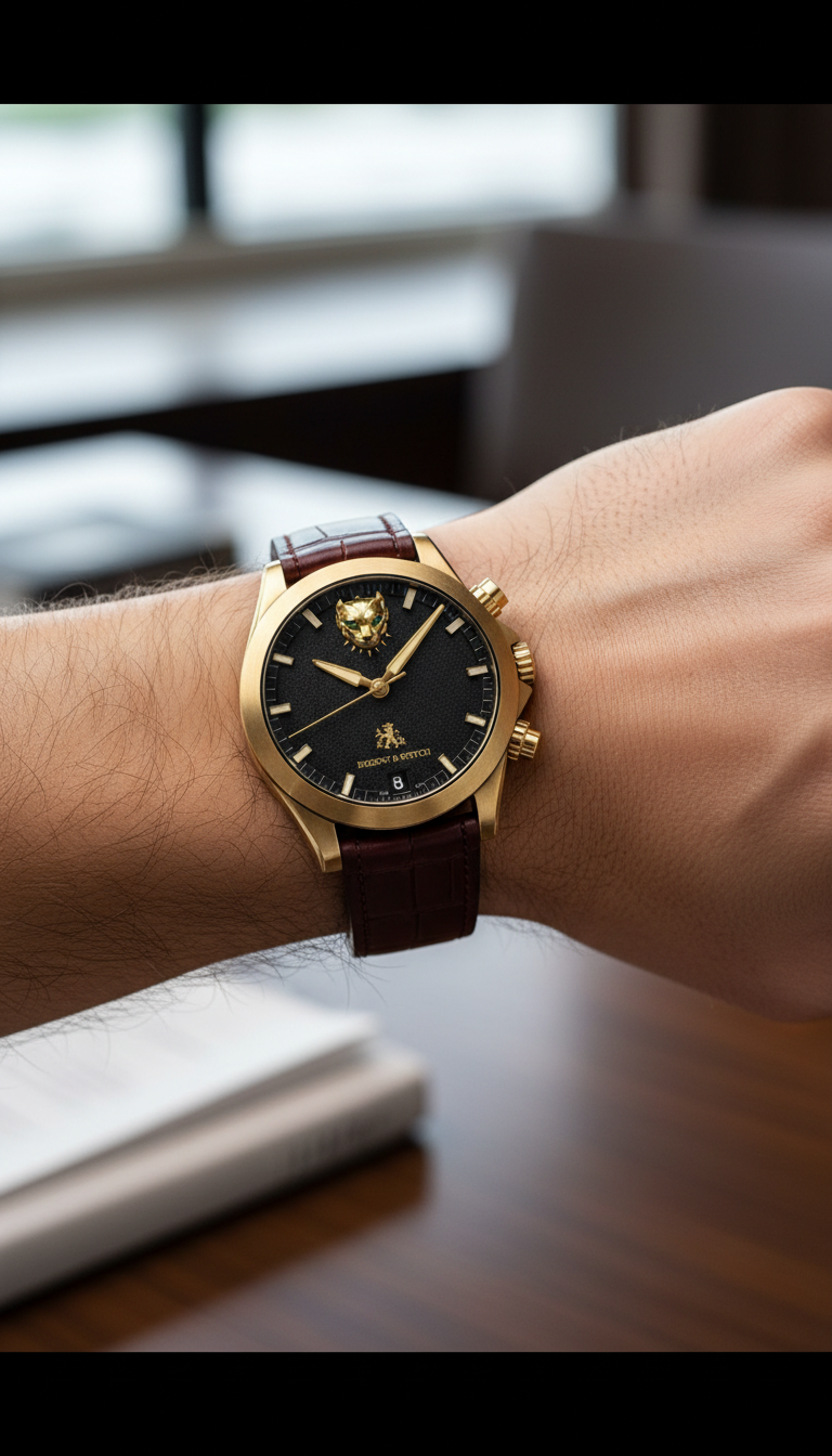 Panthera Imperium – Flagship Gold Luxury Watch with Black Dial & Leather Strap - Regent & Stitch