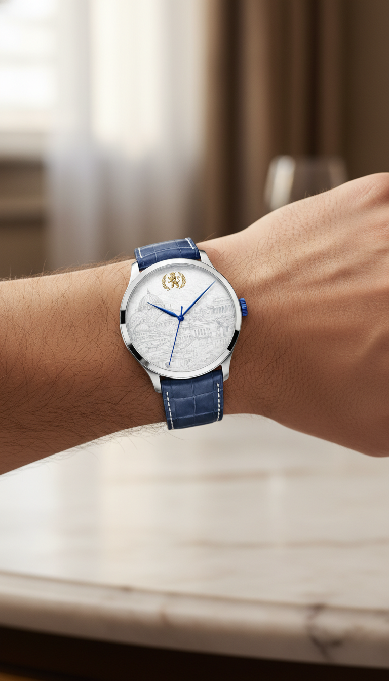 Wrist wearing a watch with a blue strap and white face, blurred background
