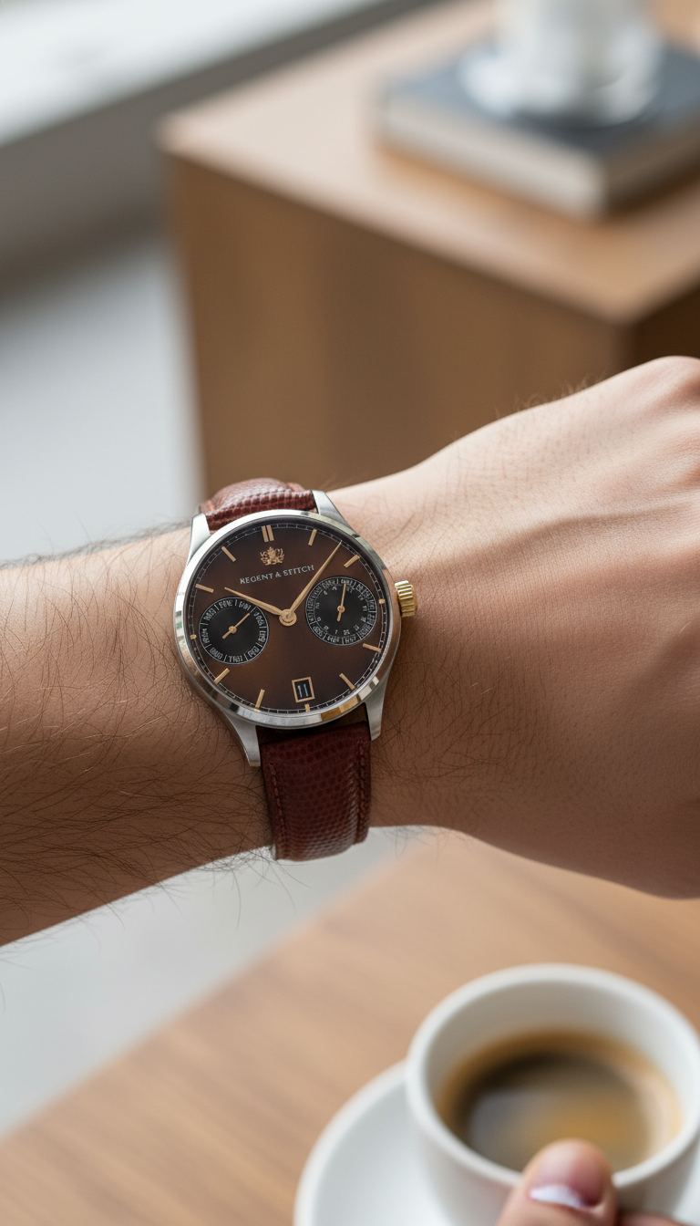 Person wearing a watch with a brown leather strap, holding a cup of coffee.