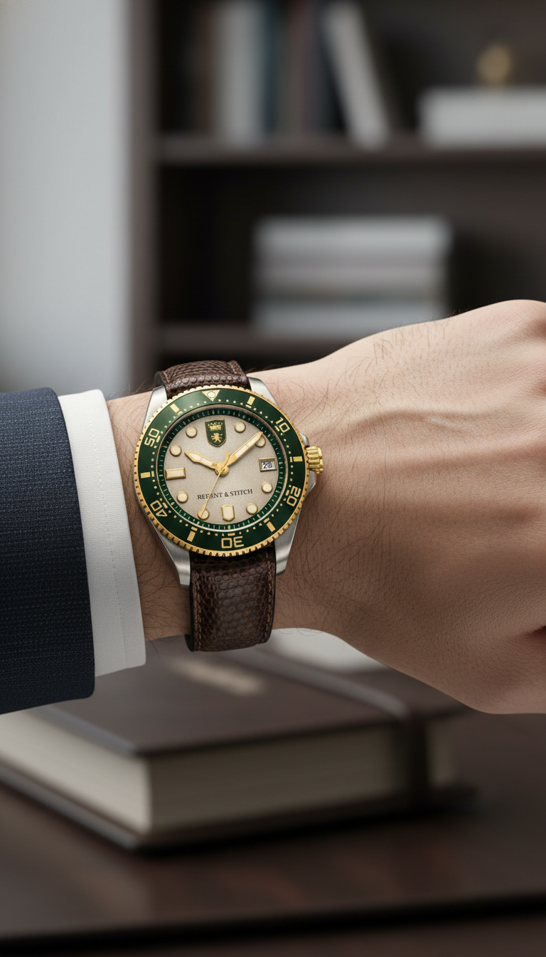 Close-up of a wrist wearing a luxury watch with a green bezel and brown leather strap, blurred background.