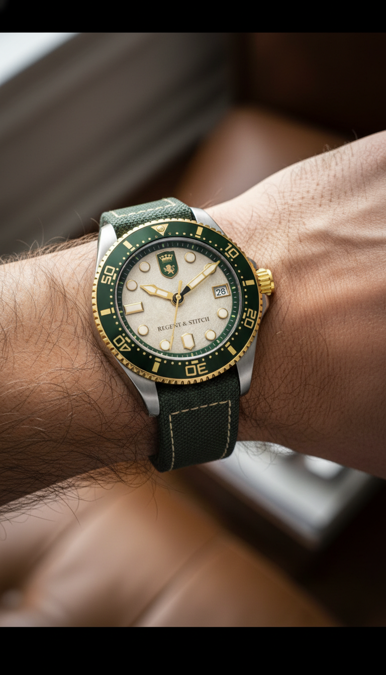 Close-up of a wrist wearing a watch with a green strap and white face.