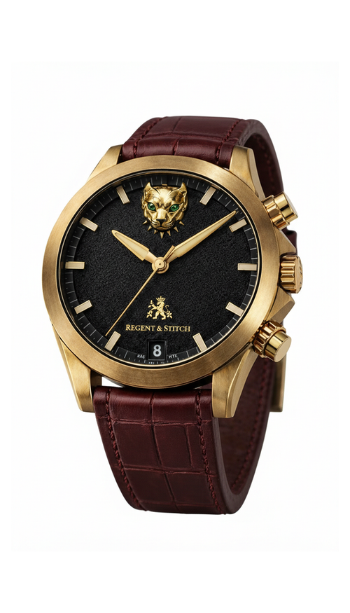 Gold watch with black face and brown leather strap on a white background