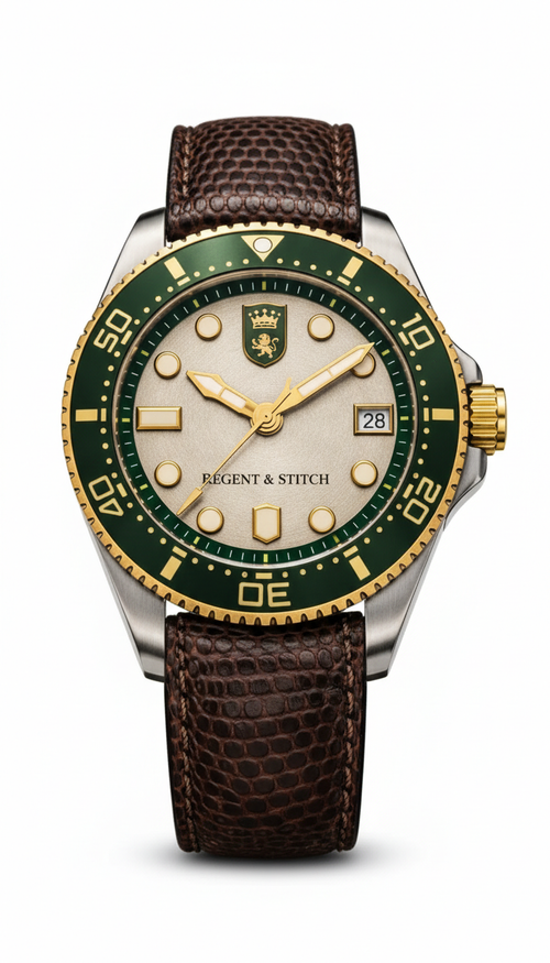 Watch with green dial, brown leather strap, and gold accents on a white background