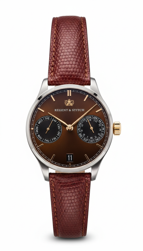 Watch with brown leather strap and dark brown face on white background