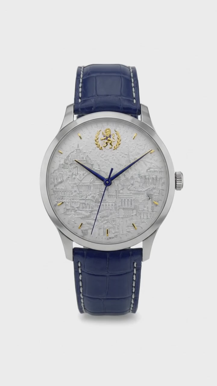 Mosaic Imperial luxury men’s watch with architectural mosaic dial and blue leather strap