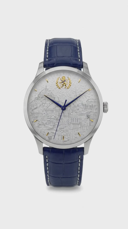 Mosaic Imperial luxury men’s watch with architectural mosaic dial and blue leather strap